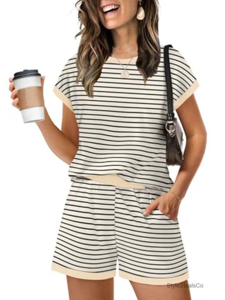 Two Piece Lounge Short Sets, Cap Sleeve Crew Neck Sweatsuit With Pockets